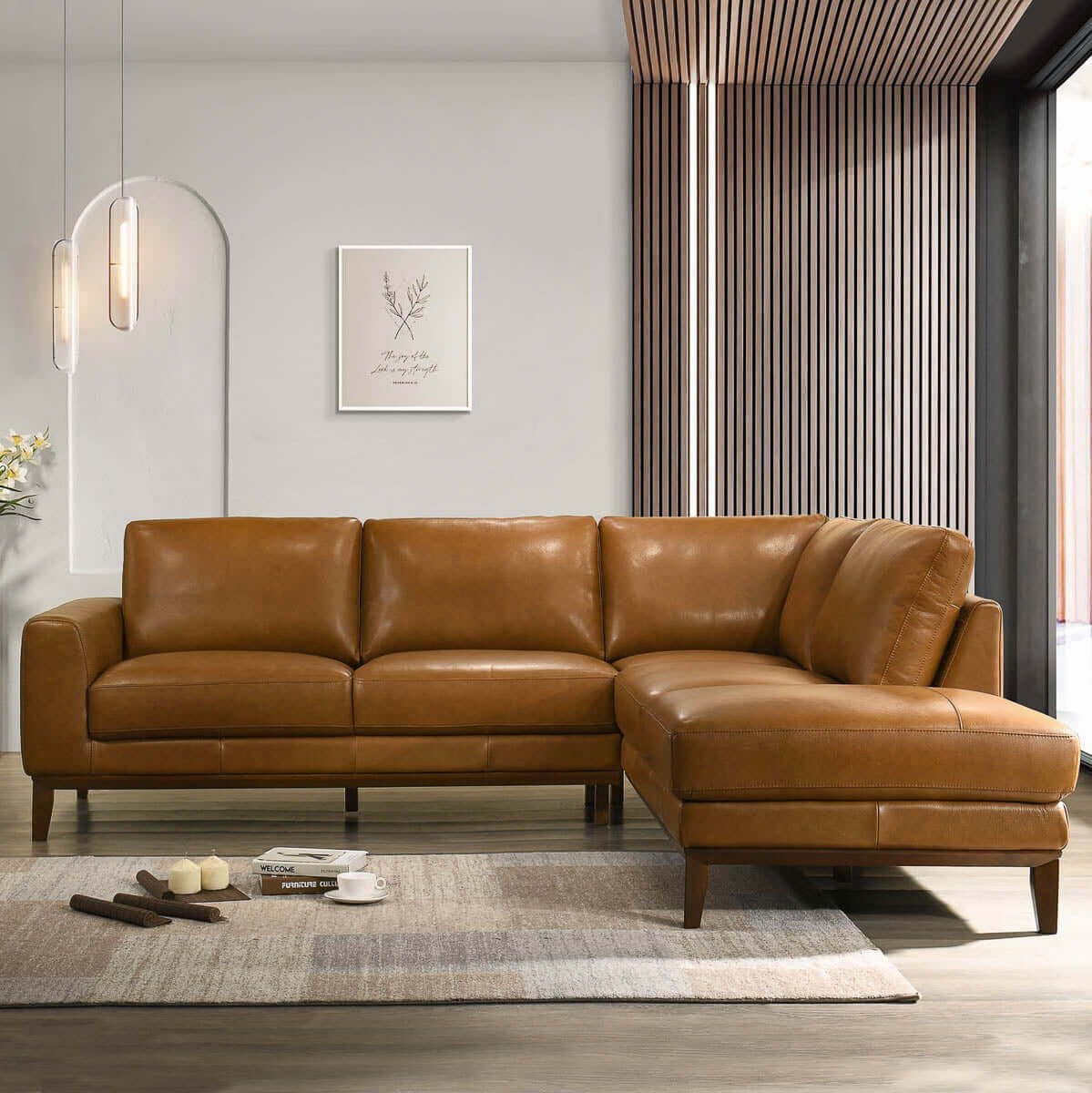 London left facing sectional sofa caramel brown leather with chaise on Tampa Home & Garden Store