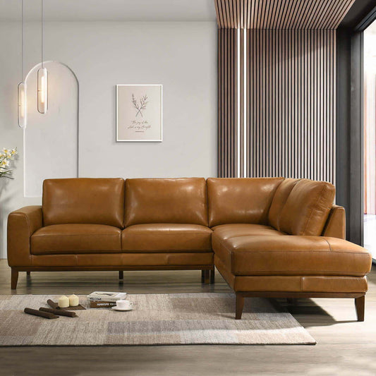 London left facing sectional sofa caramel brown leather with chaise on Tampa Home & Garden Store