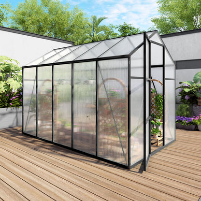 Windproof greenhouse with raised base, black frame, and polycarbonate panels on a wooden deck on Tampa Home & Garden Store