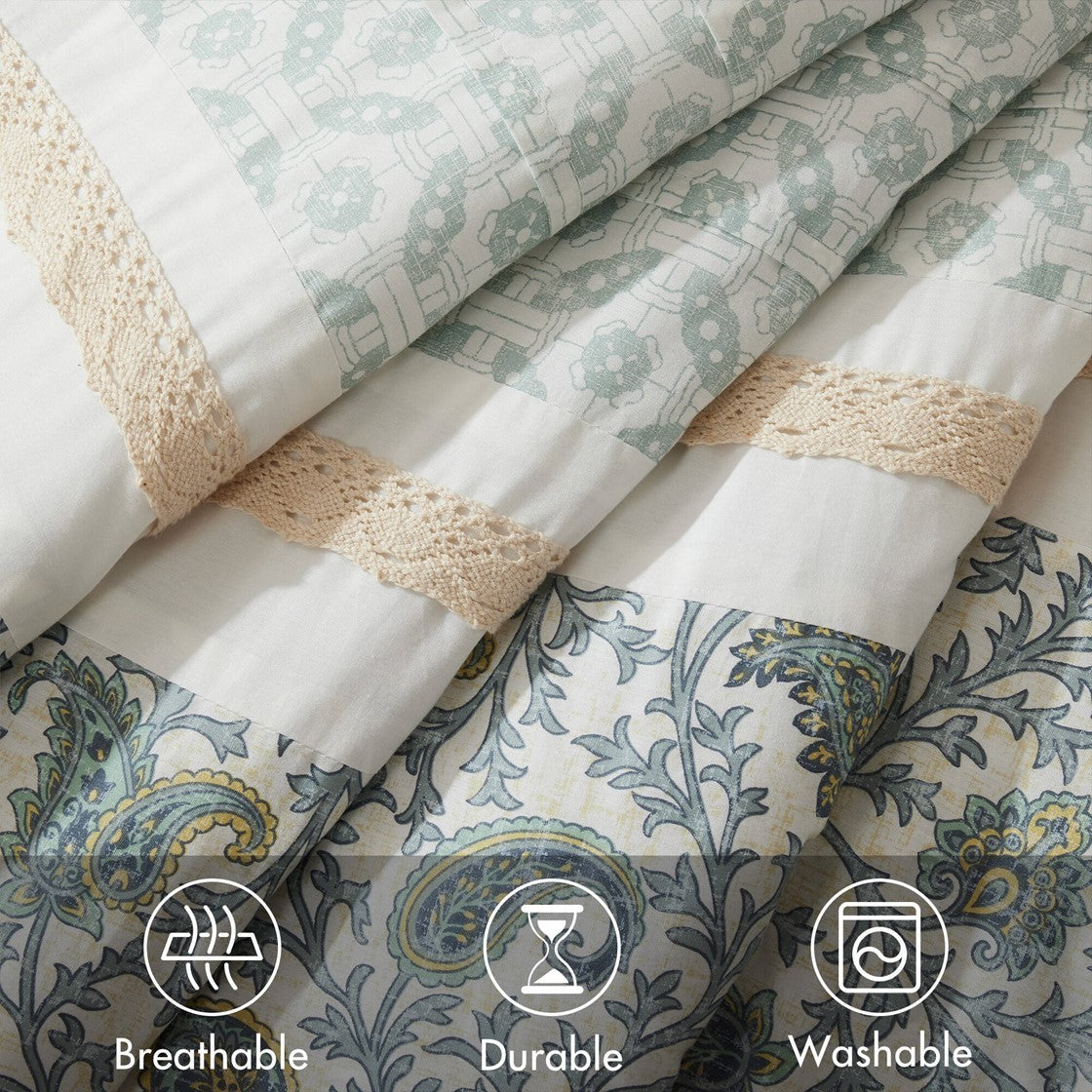 9 Piece Cotton Percale Comforter Set Aqua by HouseOfZazla; white base with aqua print on Tampa Home & Garden Store