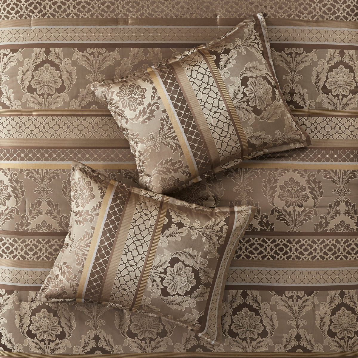 7 Piece Jacquard Comforter Set Queen brown/gold damask with striped borders on Tampa Home & Garden Store