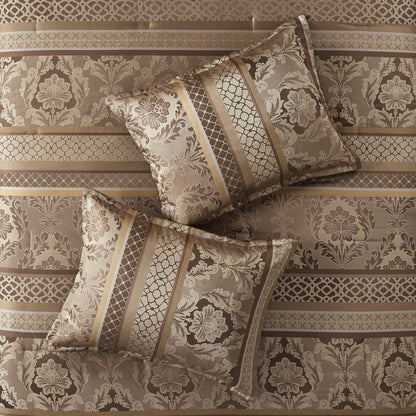 7 Piece Jacquard Comforter Set Queen brown/gold damask with striped borders on Tampa Home & Garden Store