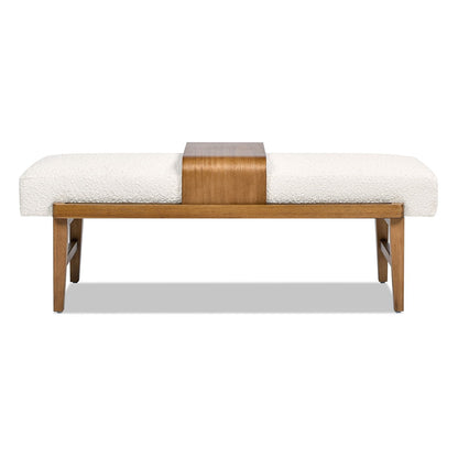 Modern telephone bench with sliding shelf, ivory white upholstered top and natural wood frame on Tampa Home & Garden Store