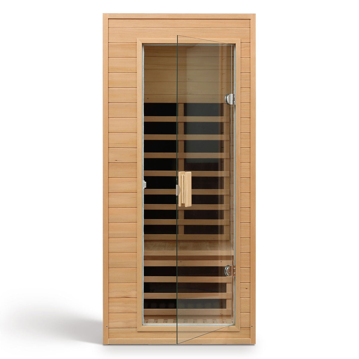Hemlock infrared sauna room with LCD controls, glass door, light brown interior benches on Tampa Home & Garden Store