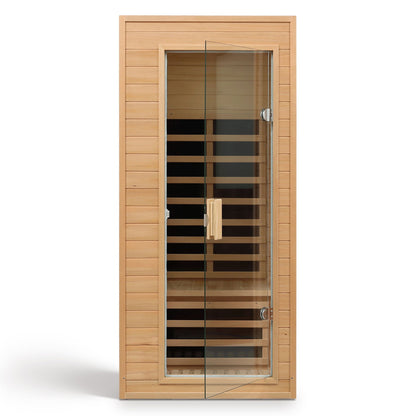 Hemlock infrared sauna room with LCD controls, glass door, light brown interior benches on Tampa Home & Garden Store