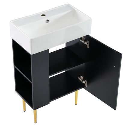 Bathroom vanity with white ceramic sink on black cabinet with open shelves and gold legs on Tampa Home & Garden Store