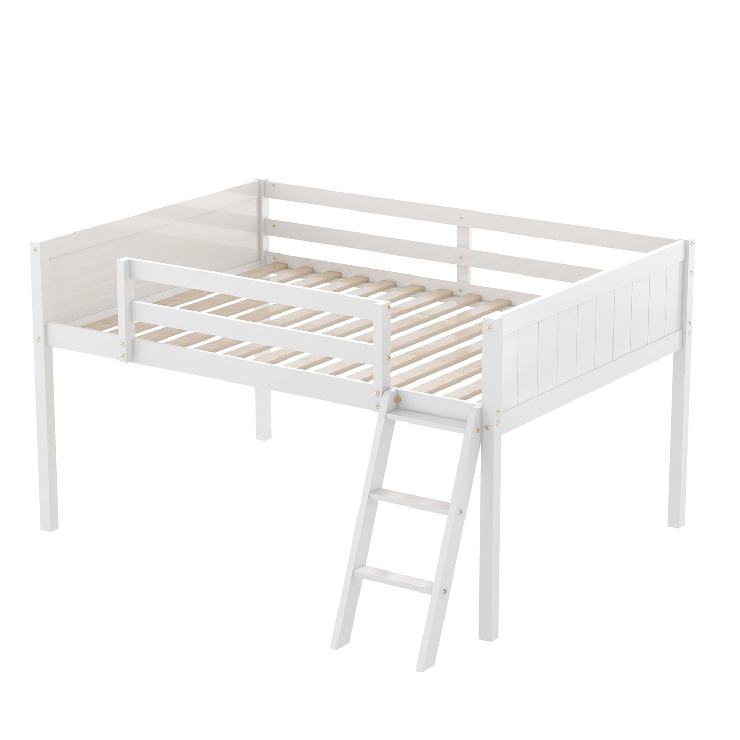 Low loft bed with adjustable ladder, white wooden frame and slatted base by HouseOfZazla on Tampa Home & Garden Store
