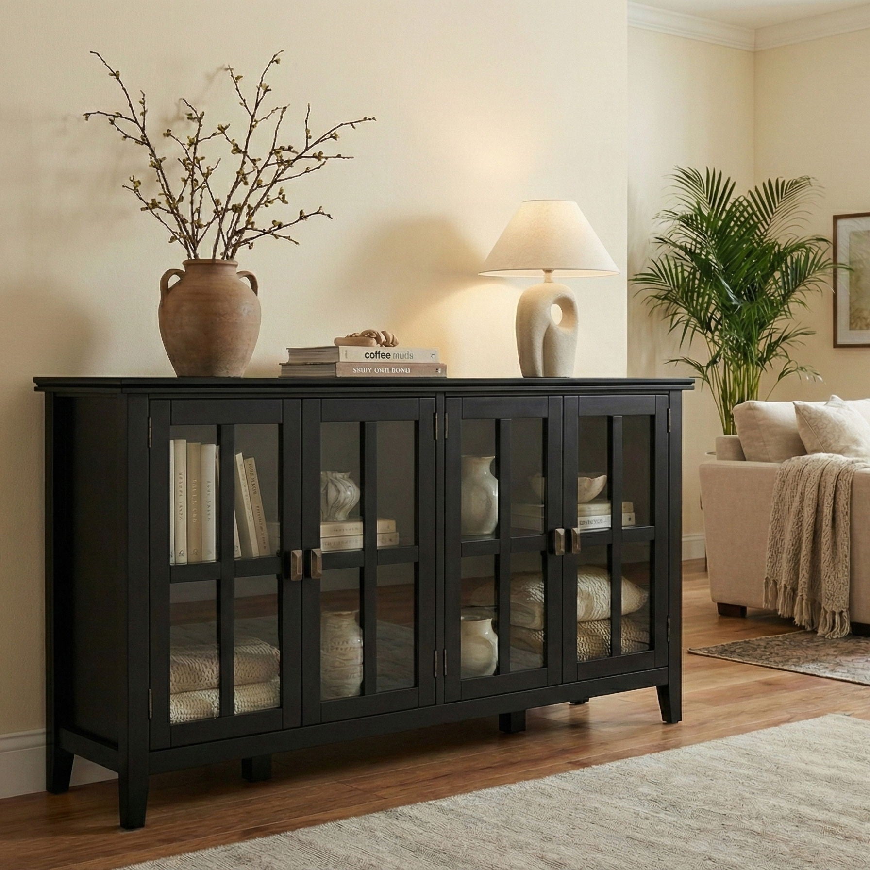 Artisan Handcrafted Wide 4-Door Storage Cabinet in black with glass-front panels on Tampa Home & Garden Store
