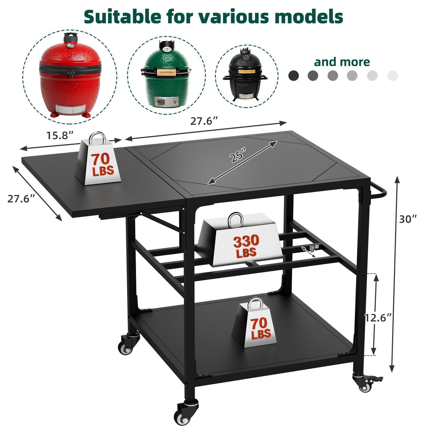 Outdoor Grill Prep Cart With Wheels and Shelves