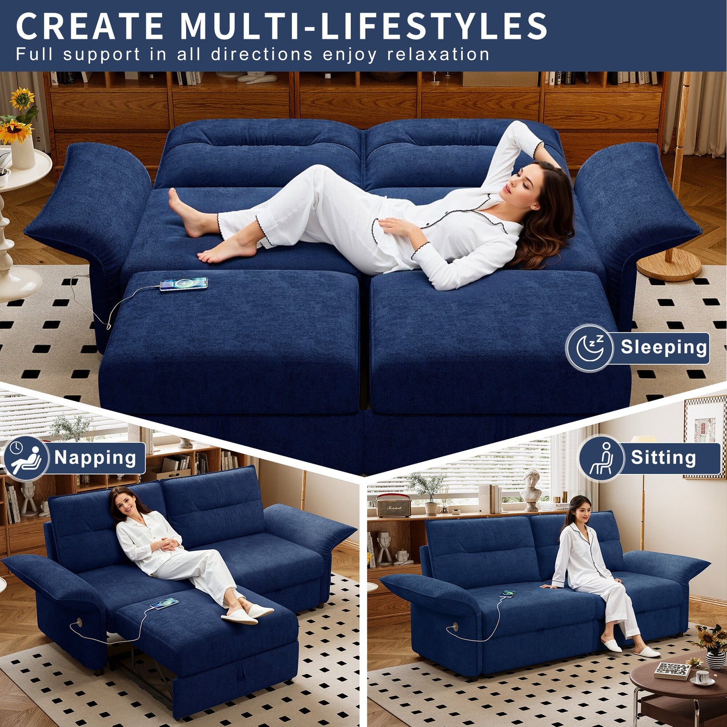 Sofa bed 85in blue convertible by HouseOfZazla in a living room with fabric upholstery on Tampa Home & Garden Store