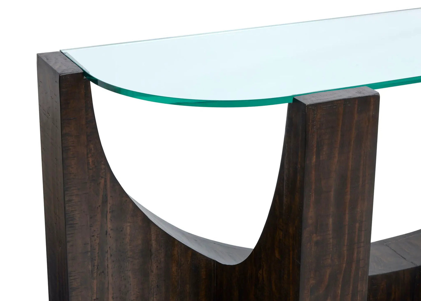 Beckham end table; dark wood posts support a clear glass top with a green curved glass accent on Tampa Home & Garden Store