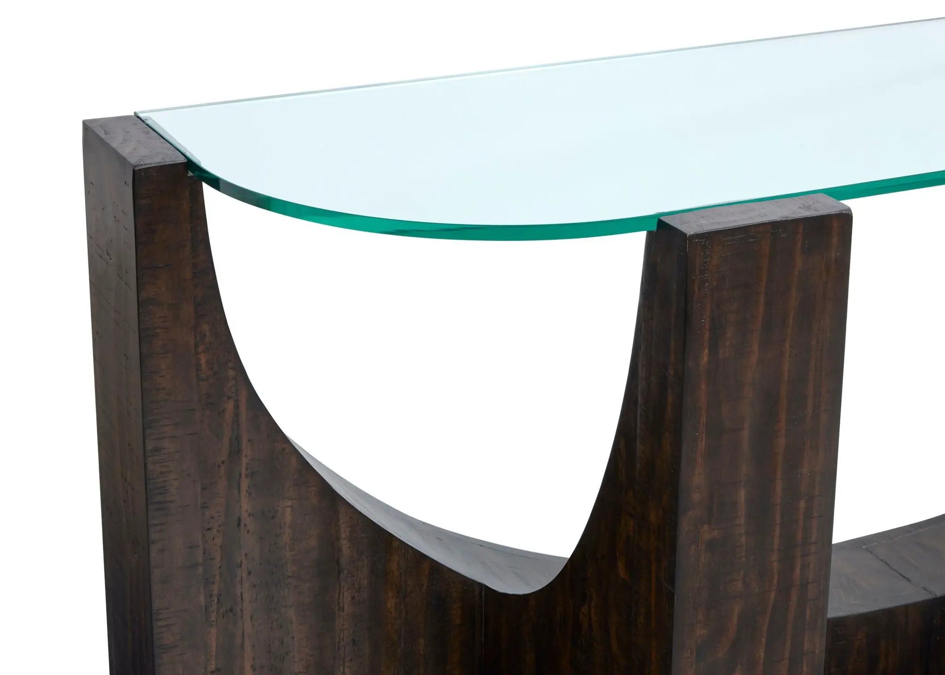 Beckham end table; dark wood posts support a clear glass top with a green curved glass accent on Tampa Home & Garden Store