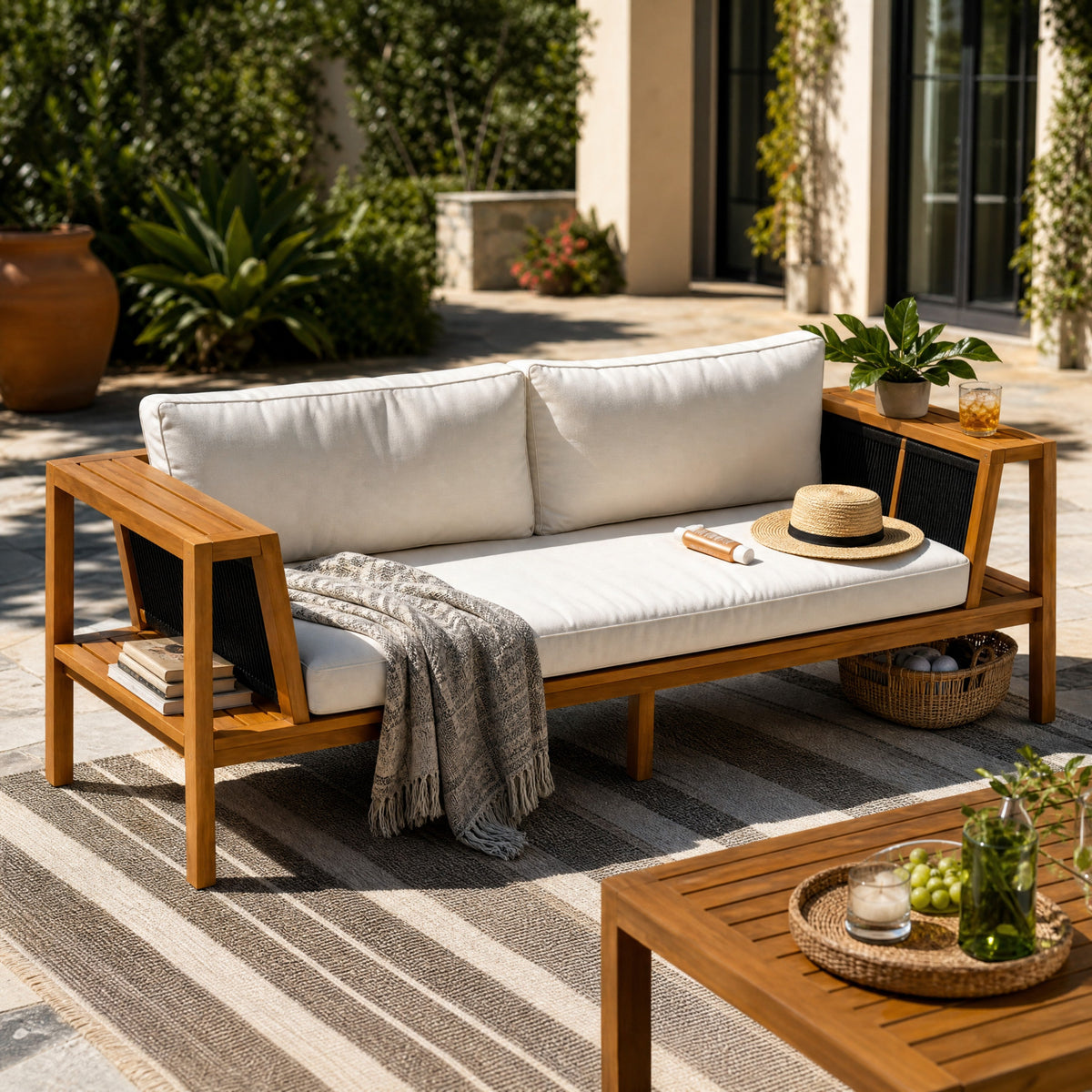 Teak finish acacia wood outdoor daybed sofa set with cream cushions for patio seating on Tampa Home & Garden Store