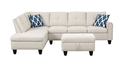 Alger beige wide left-hand facing sofa chaise with ottoman, studded arms, blue pillows on Tampa Home & Garden Store
