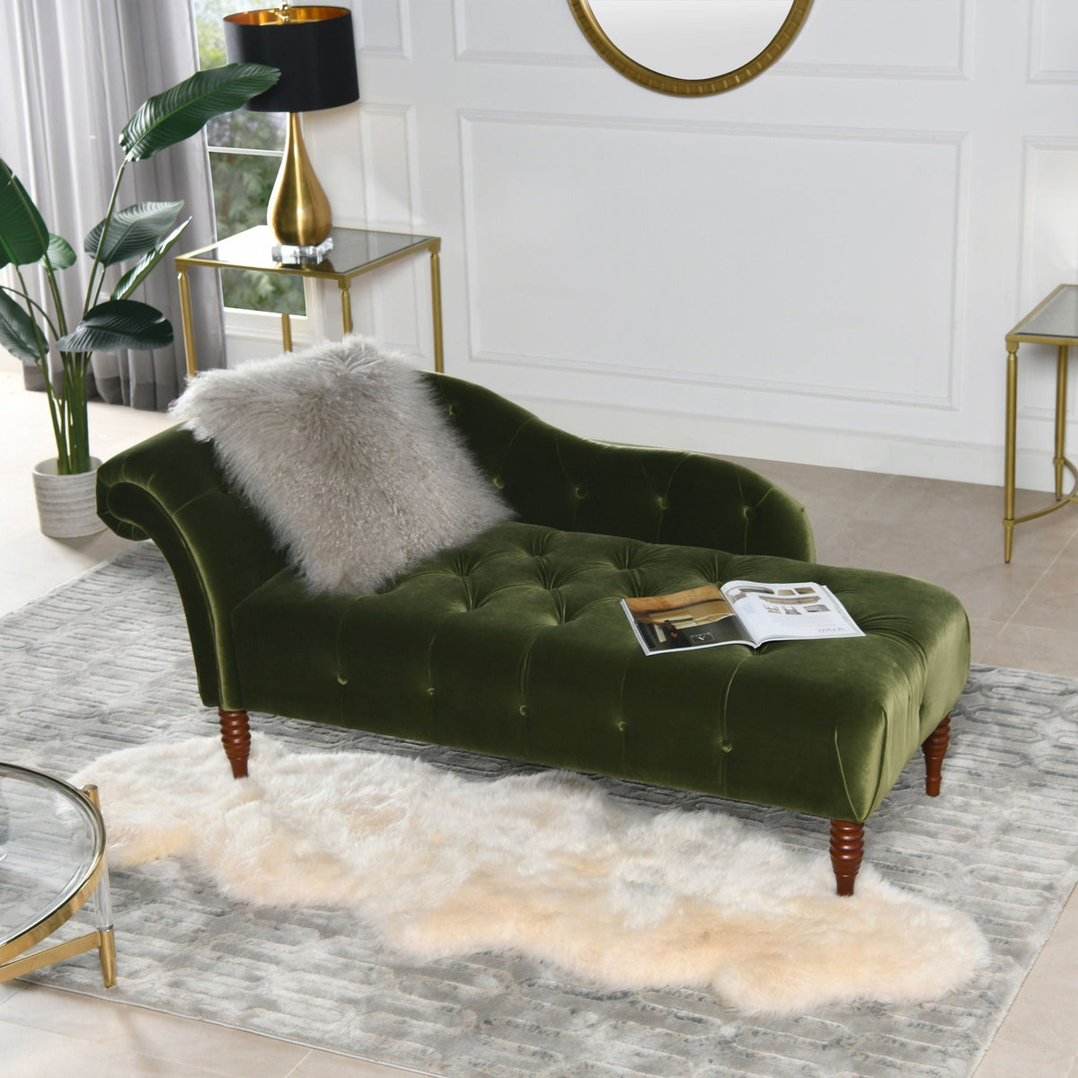 Tufted roll-arm chaise lounge in dark green velvet with premium foam by HouseOfZazla on Tampa Home & Garden Store