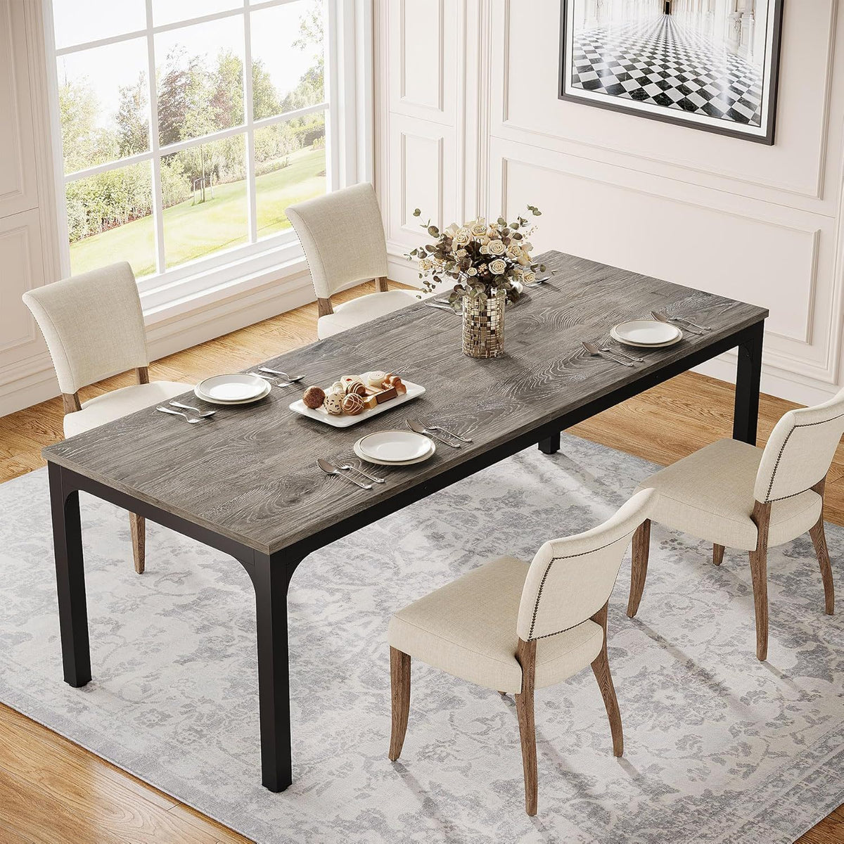 Dark wood rectangle dining table with black metal legs for 6–8, beige chairs by HouseOfZazla on Tampa Home & Garden Store