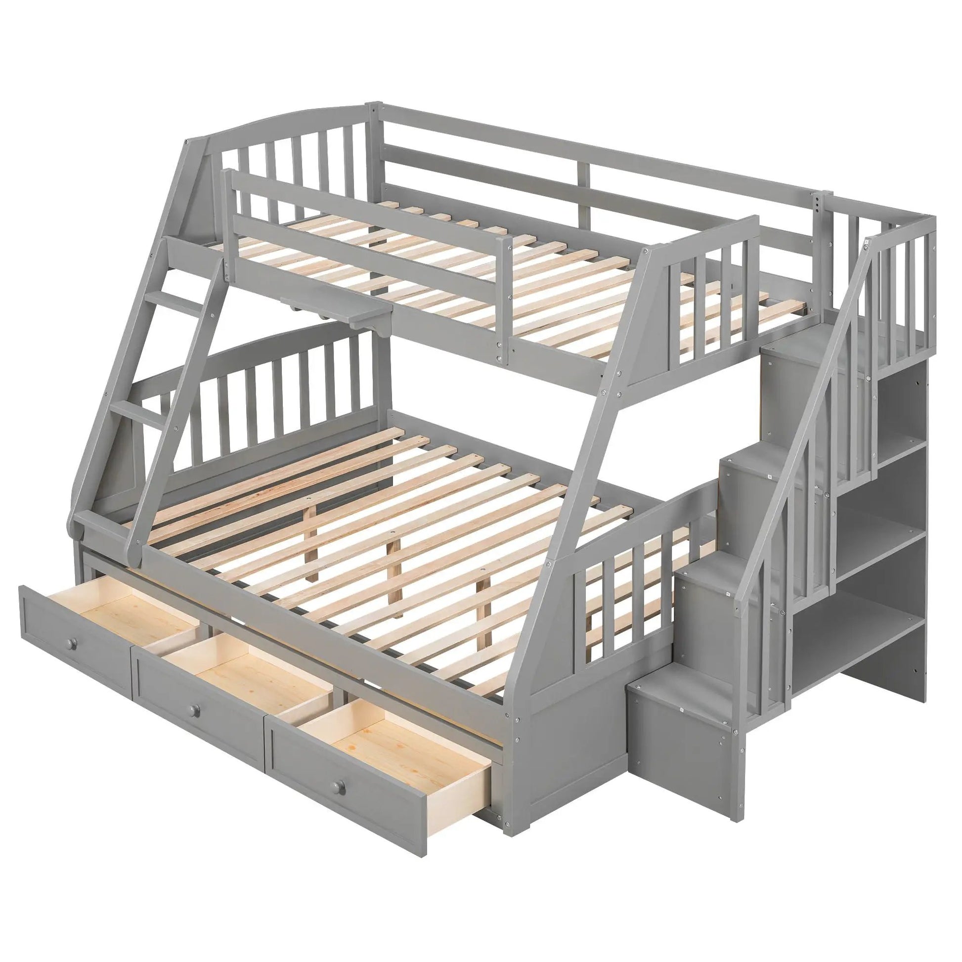 Bunk Bed With Drawers, Ladder And Storage Staircase in gray finish with wood slats and drawers on Tampa Home & Garden Store