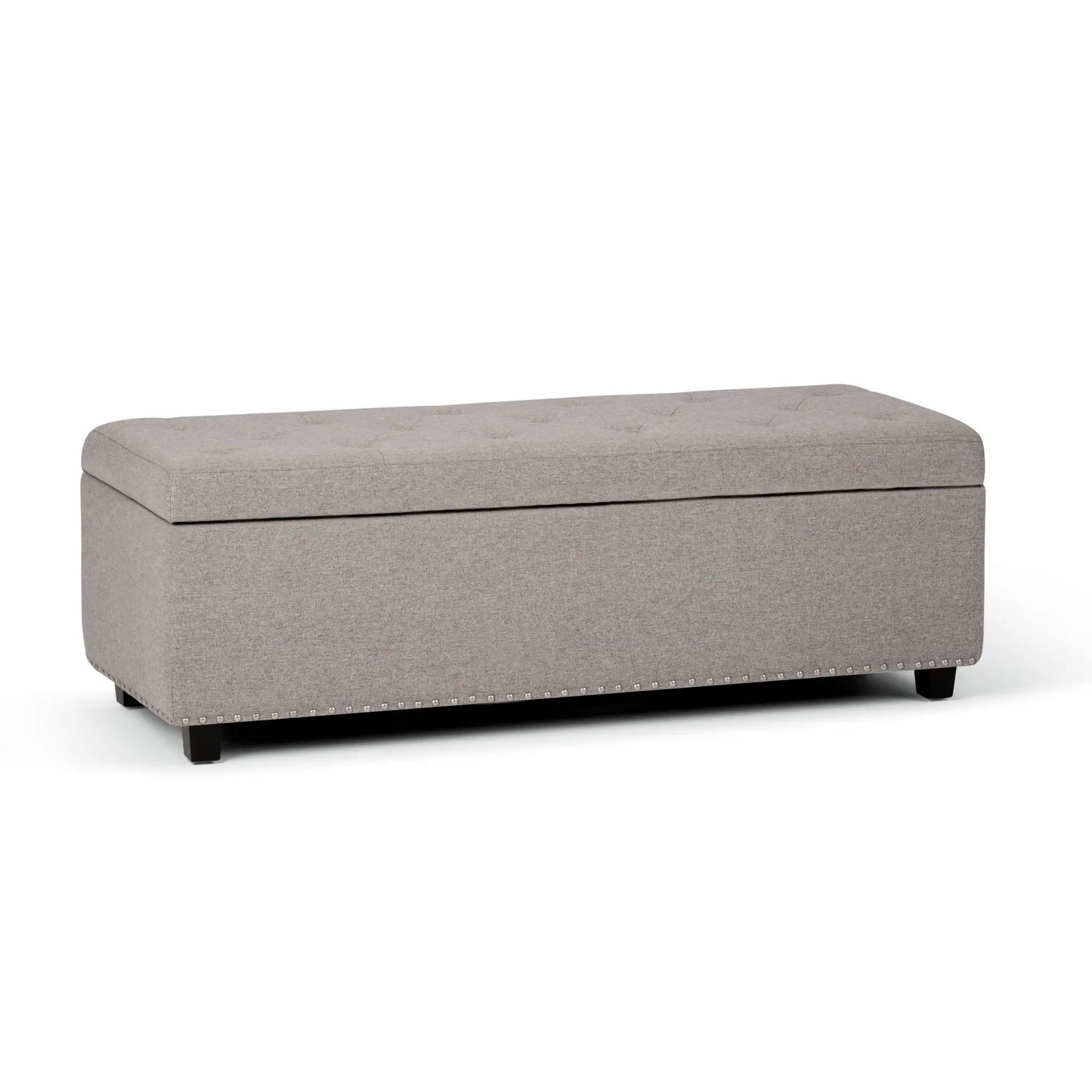 Hamilton Upholstered Storage Ottoman, light gray fabric with nailhead trim on wood legs on Tampa Home & Garden Store