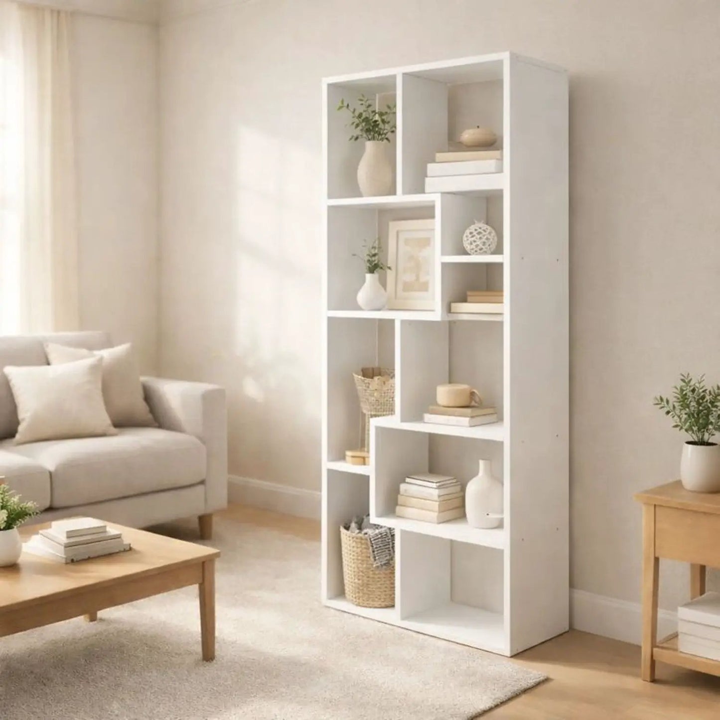 Asymmetrical display shelf & bookcase, 5-tier white etagere with open compartments on Tampa Home & Garden Store