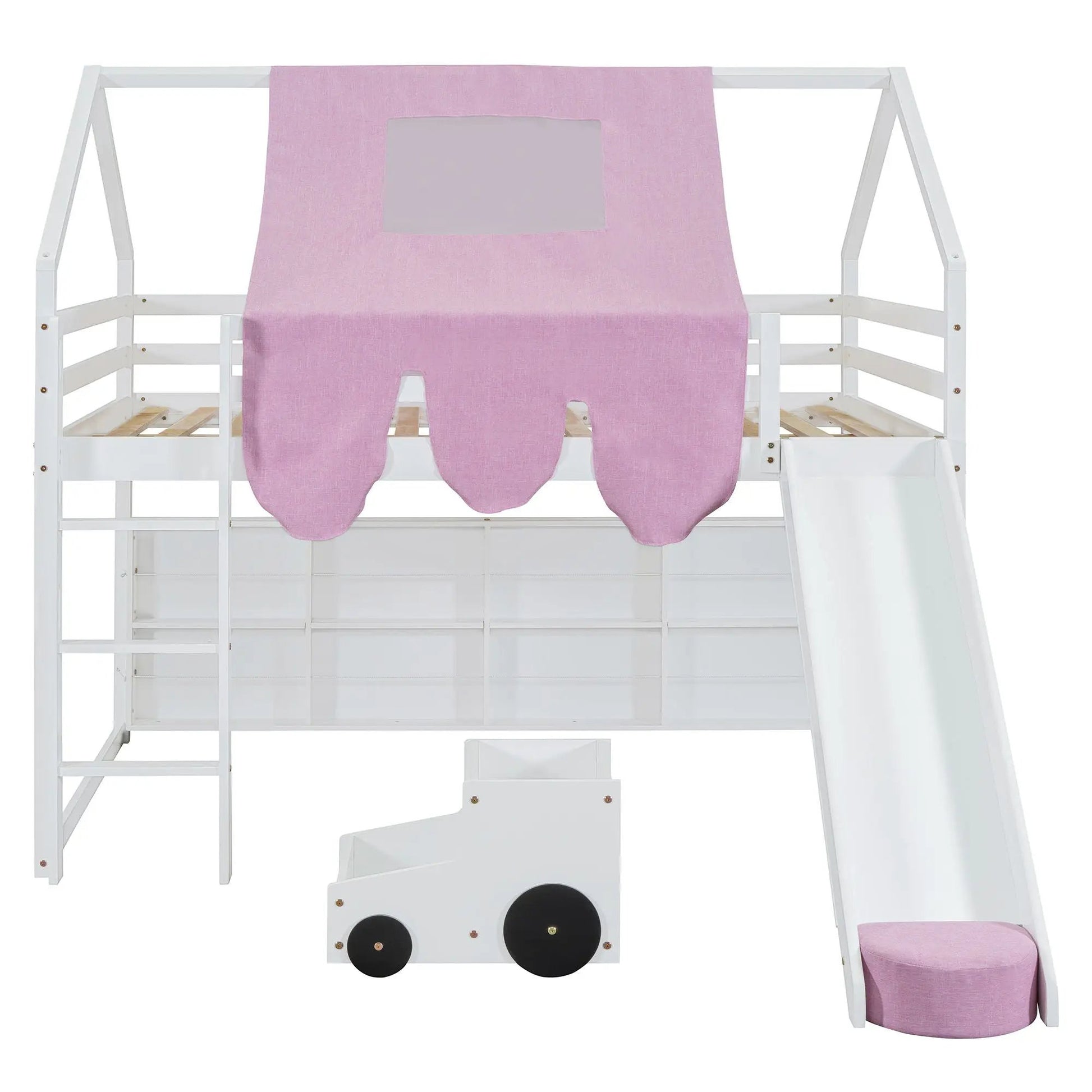 Loft bed with house-shaped white frame and pink fabric tent with window Unique Piece Furniture on Tampa Home & Garden Store