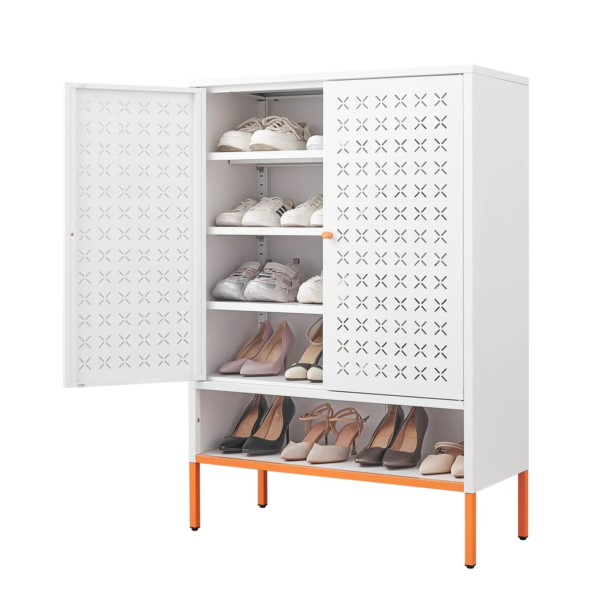 Grid double door metal shoe cabinet with perforated doors, white finish, adjustable shelves on Tampa Home & Garden Store