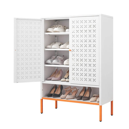 Grid double door metal shoe cabinet with perforated doors, white finish, adjustable shelves on Tampa Home & Garden Store