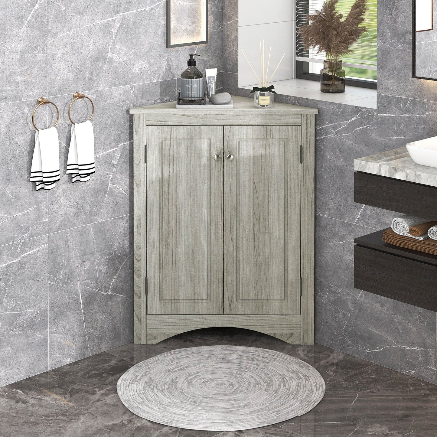 Triangle bathroom storage cabinet by HouseOfZazla in light gray wood grain with 2 doors on Tampa Home & Garden Store