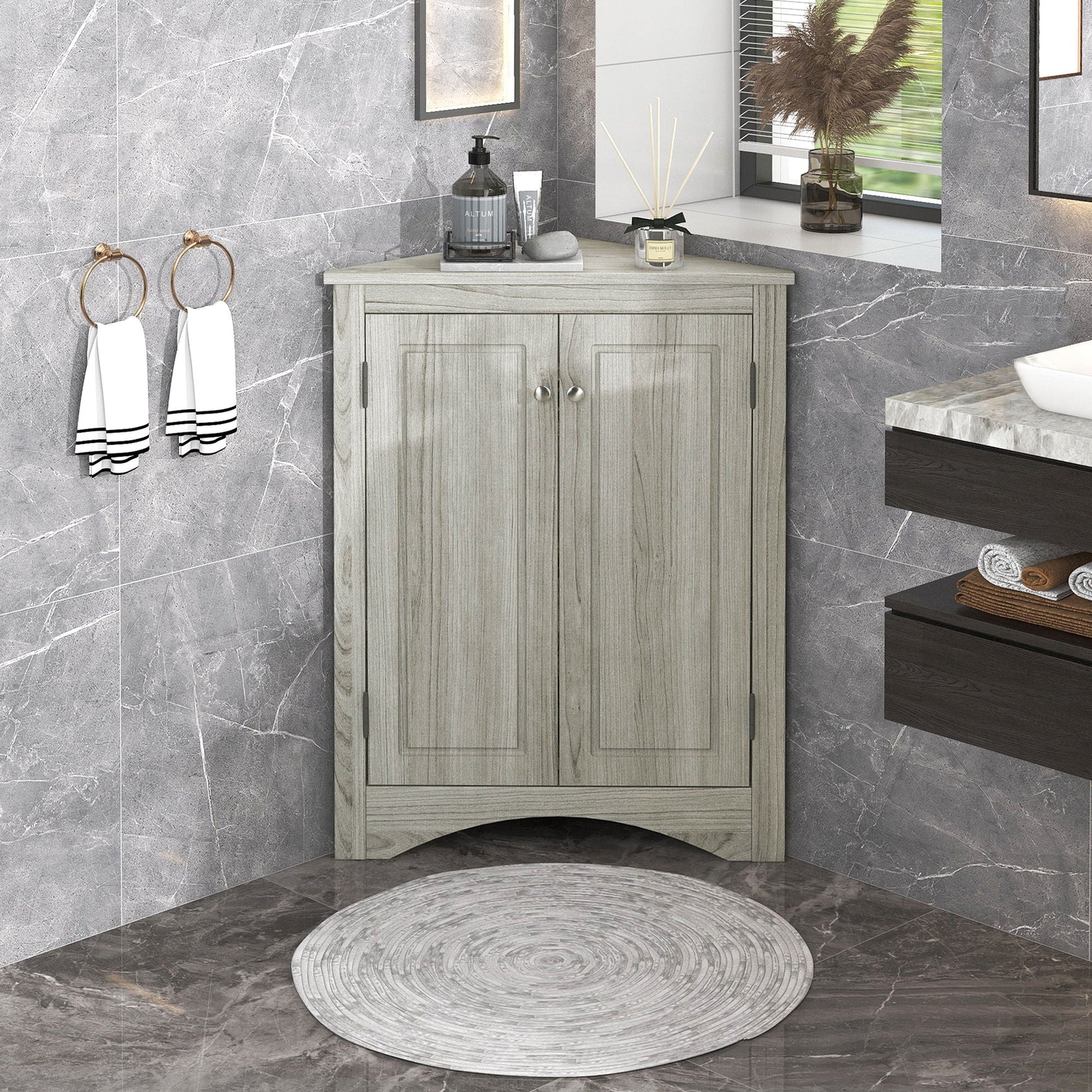 Triangle bathroom storage cabinet by HouseOfZazla in light gray wood grain with 2 doors on Tampa Home & Garden Store