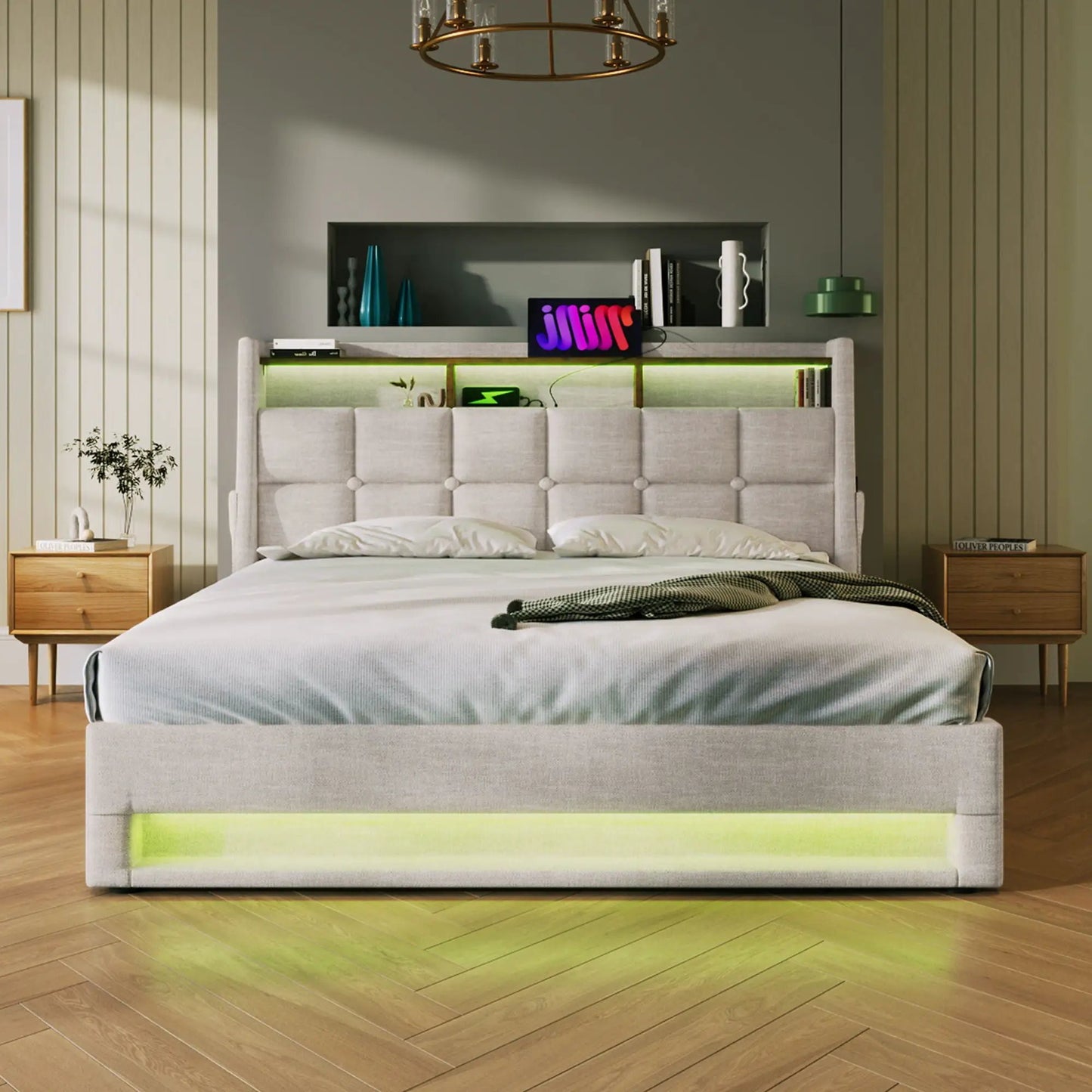 Upholstered Platform Bed With Storage USB LED