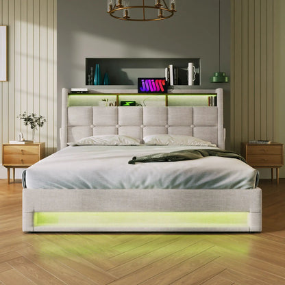 Upholstered Platform Bed With Storage USB LED