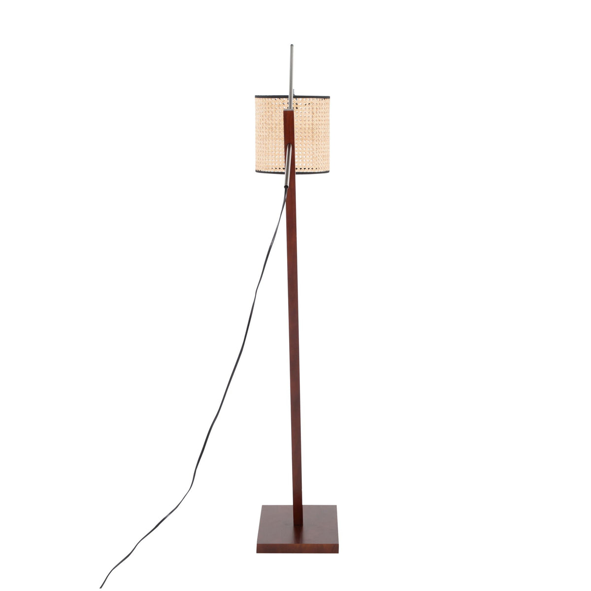 Arturo contemporary floor lamp with walnut wood base and beige woven cane shade on Tampa Home & Garden Store
