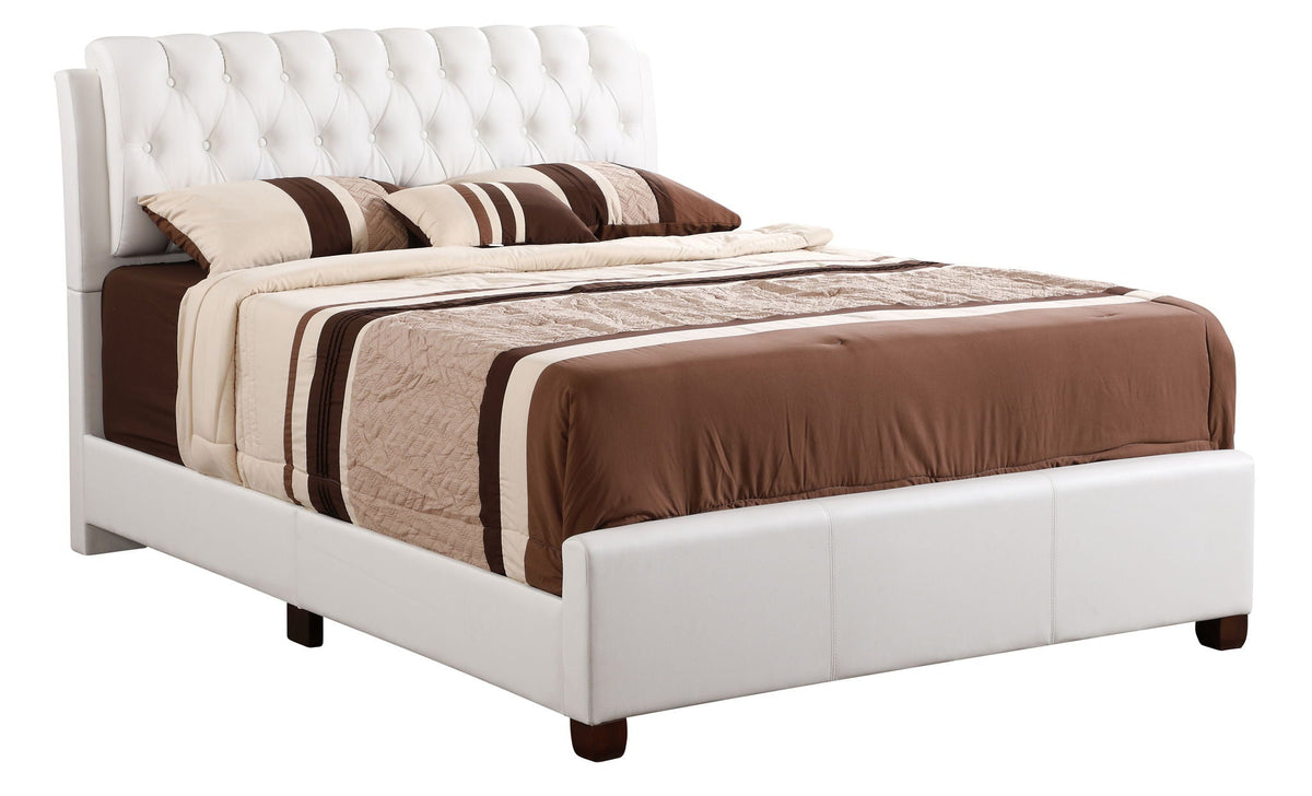 Tufted Upholstered Bed white faux leather with button headboard, beige striped bedding HouseOfZazla on Tampa Home & Garden Store