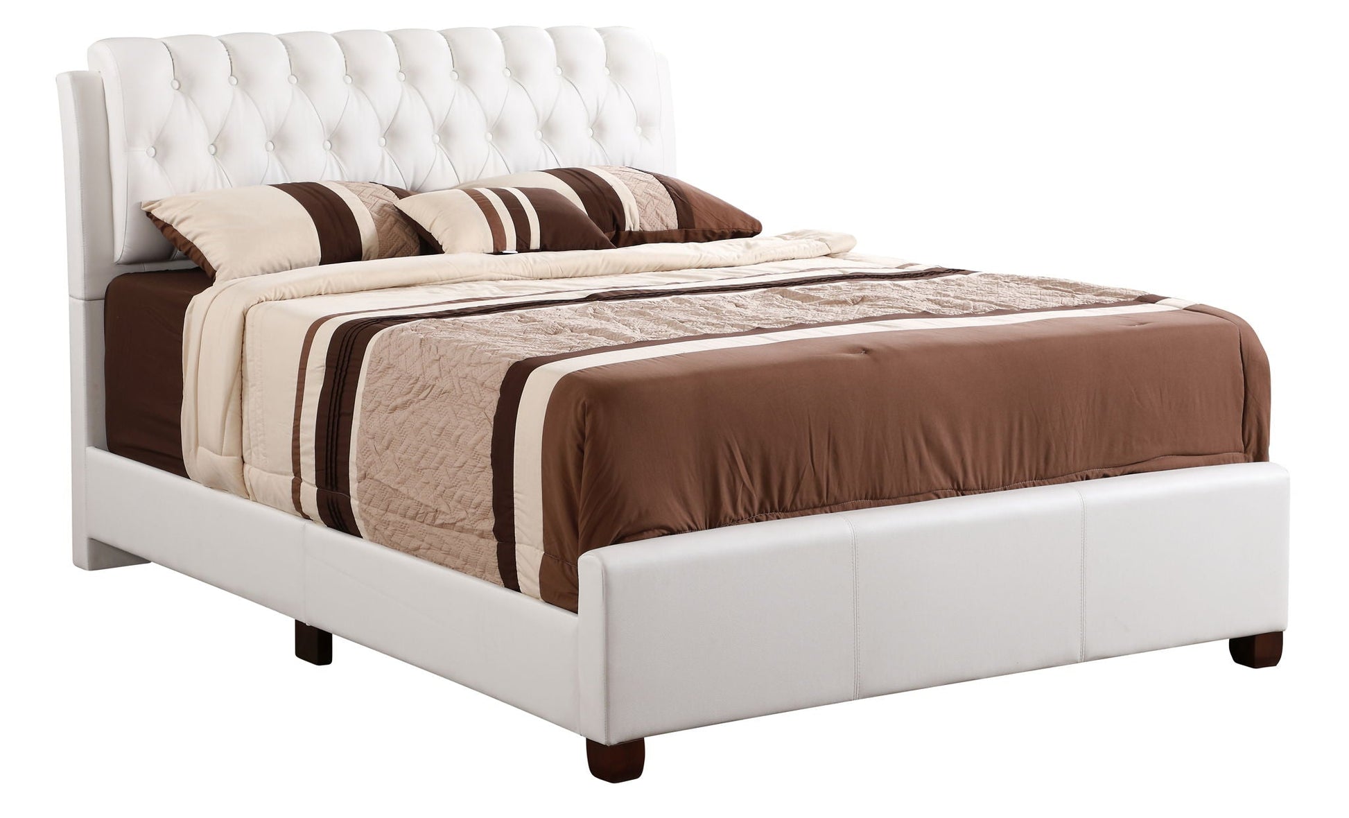 Tufted Upholstered Bed white faux leather with button headboard, beige striped bedding HouseOfZazla on Tampa Home & Garden Store
