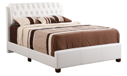 Tufted Upholstered Bed white faux leather with button headboard, beige striped bedding HouseOfZazla on Tampa Home & Garden Store