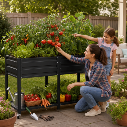 Black Dual Tier Metal Raised Garden Bed with lockable wheels and lower shelf by HouseOfZazla on Tampa Home & Garden Store