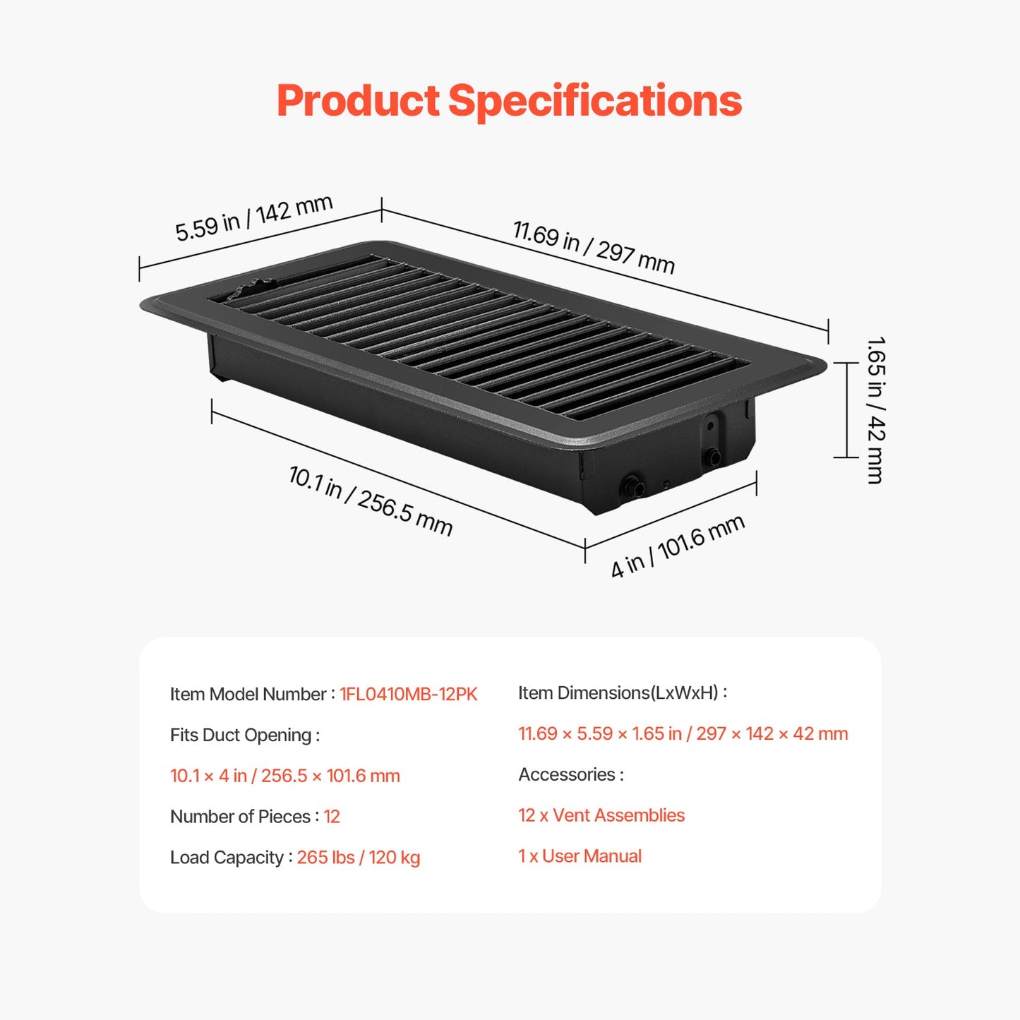 Floor registers 4x10 inch iron vent grille, 12-pack by HouseOfZazla, black ribbed HVAC vent on Tampa Home & Garden Store