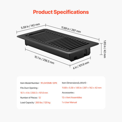 Floor registers 4x10 inch iron vent grille, 12-pack by HouseOfZazla, black ribbed HVAC vent on Tampa Home & Garden Store
