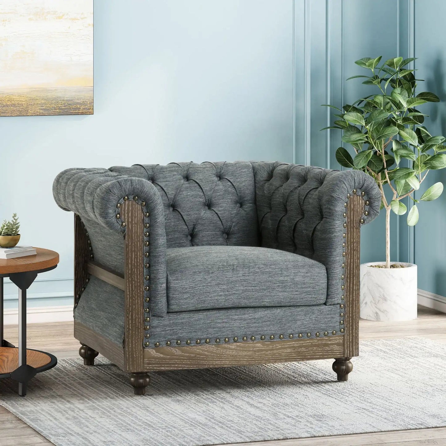 Fabric upholstered club chair with scrolled tuxedo arms in gray fabric by HouseOfZazla on Tampa Home & Garden Store