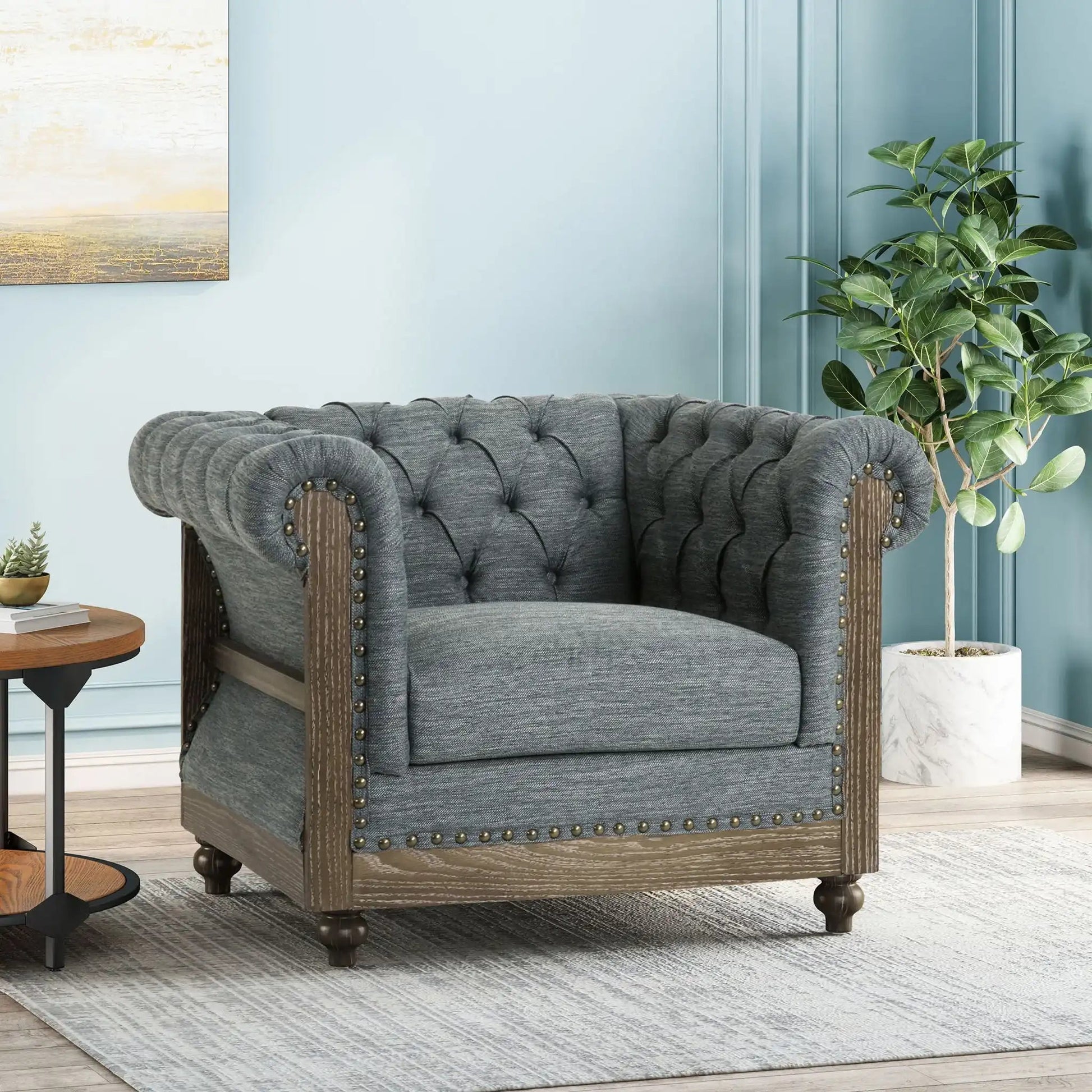 Fabric upholstered club chair with scrolled tuxedo arms in gray fabric by HouseOfZazla on Tampa Home & Garden Store