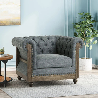 Fabric upholstered club chair with scrolled tuxedo arms in gray fabric by HouseOfZazla on Tampa Home & Garden Store