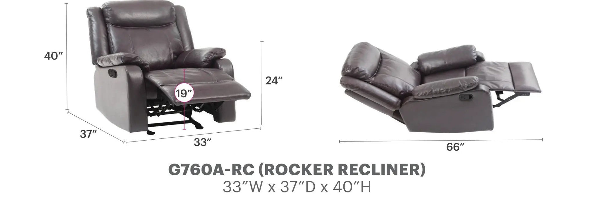 Ward Rocker Recliner in brown leather by Unique Piece Furniture, 33W x 37D x 40H on Tampa Home & Garden Store