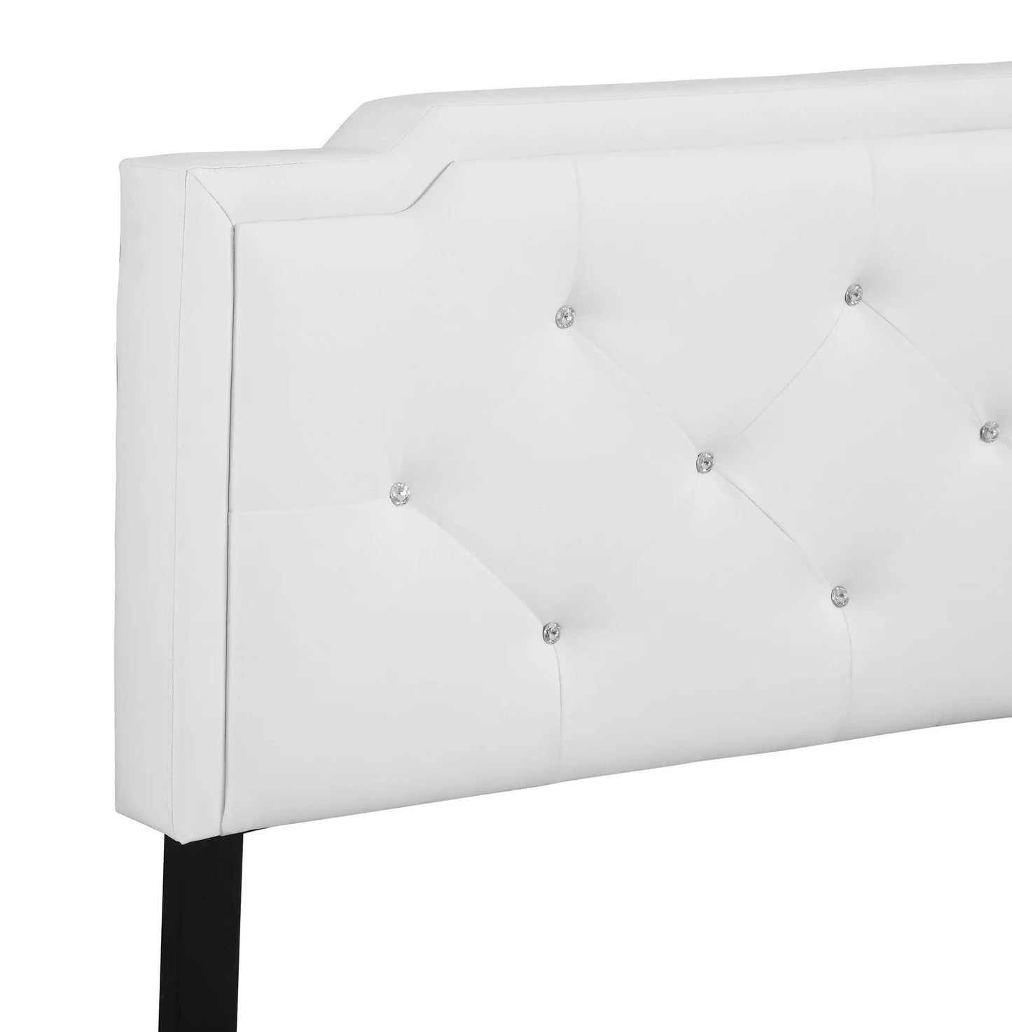 Button tufted bed headboard in white faux leather with crystal-tufted buttons on Tampa Home & Garden Store