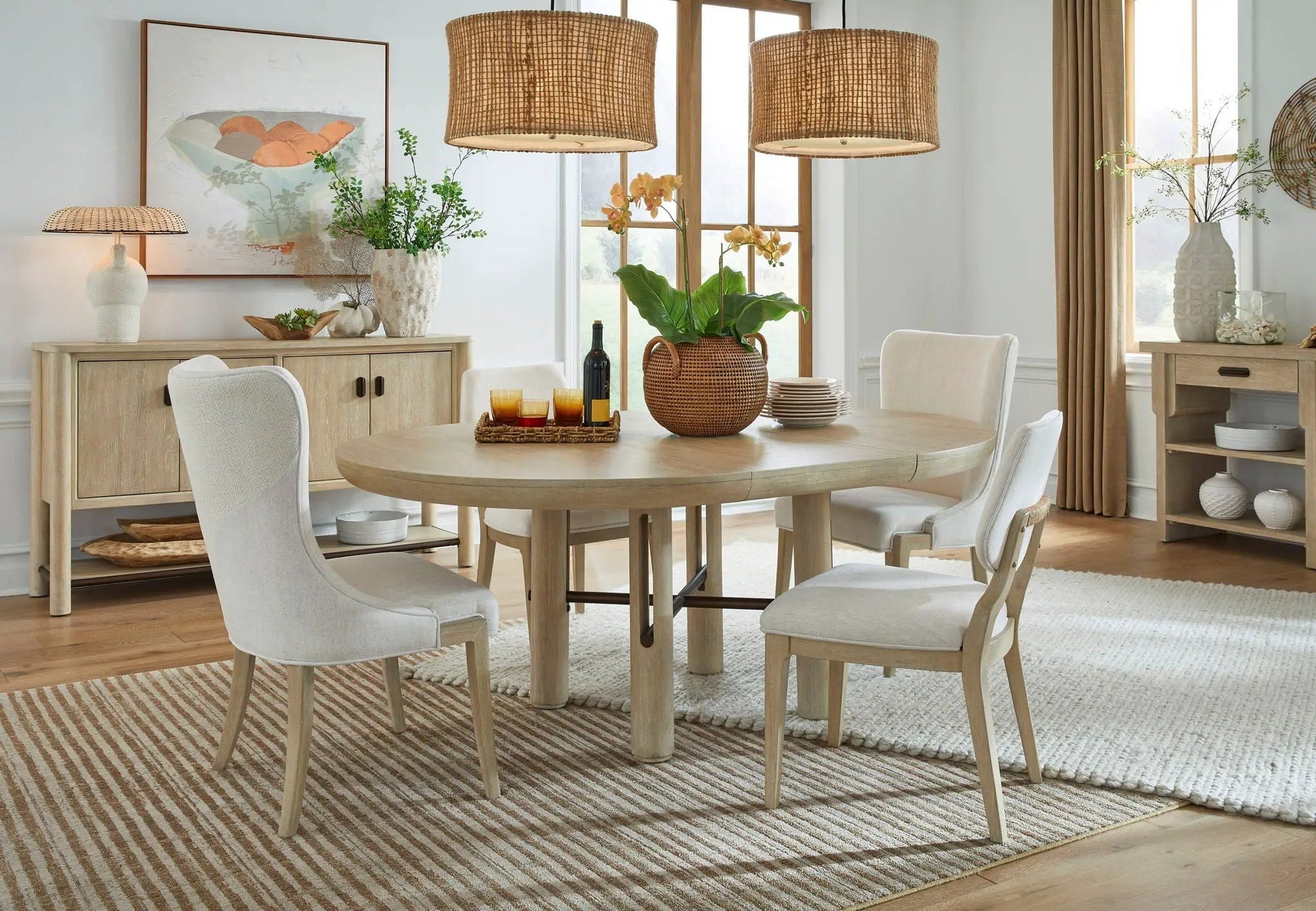 Sunset Cove upholstered host chairs set of 2 in Sanibel Brown around a light wood dining table on Tampa Home & Garden Store