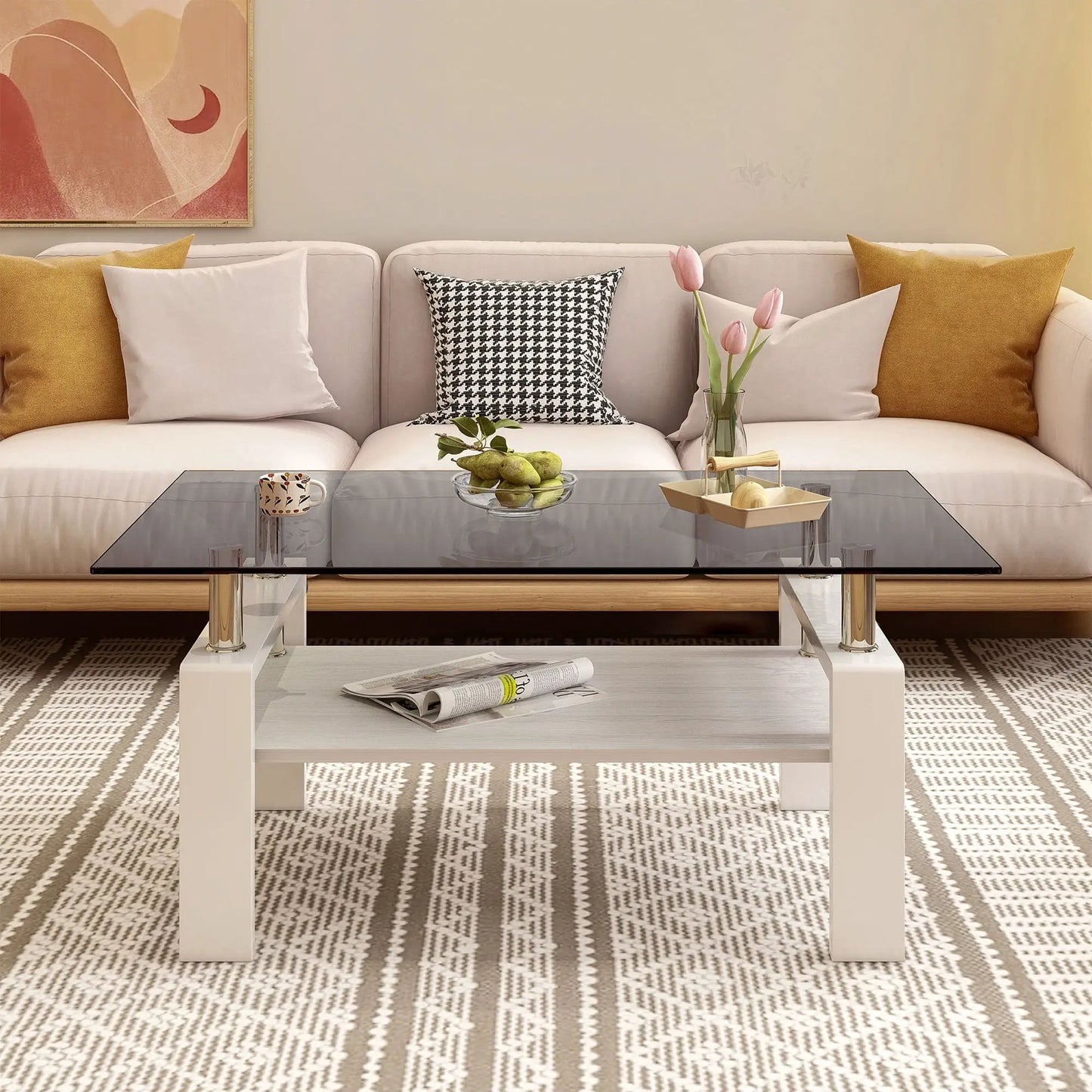 Rectangular Coffee Table With Tempered Glass Top