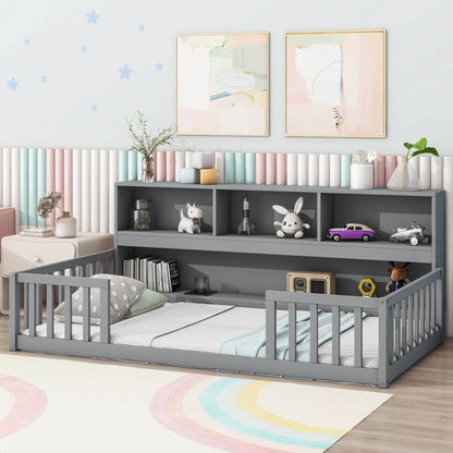 Floor Bed with Bedside Bookcase and Guardrails