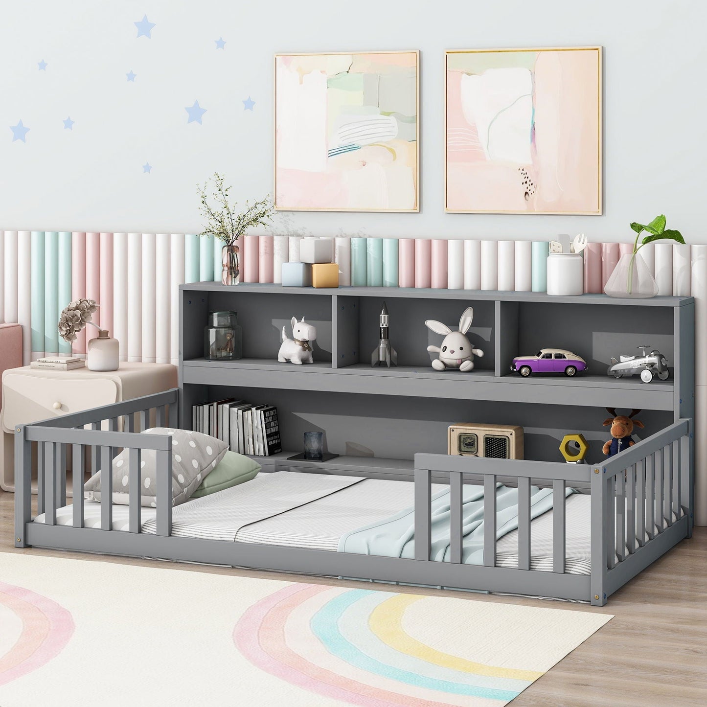 Floor Bed with a Bookcase and Side Guardrails