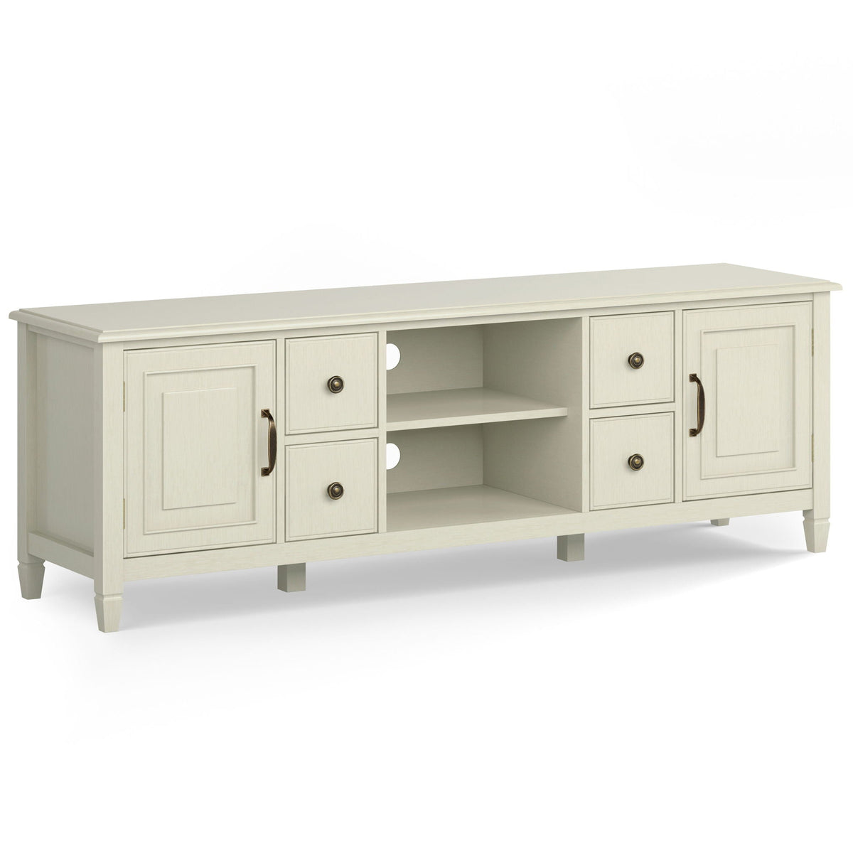 Sturdy solid wood TV stand with wide storage, cream finish, cabinet doors and open shelves on Tampa Home & Garden Store