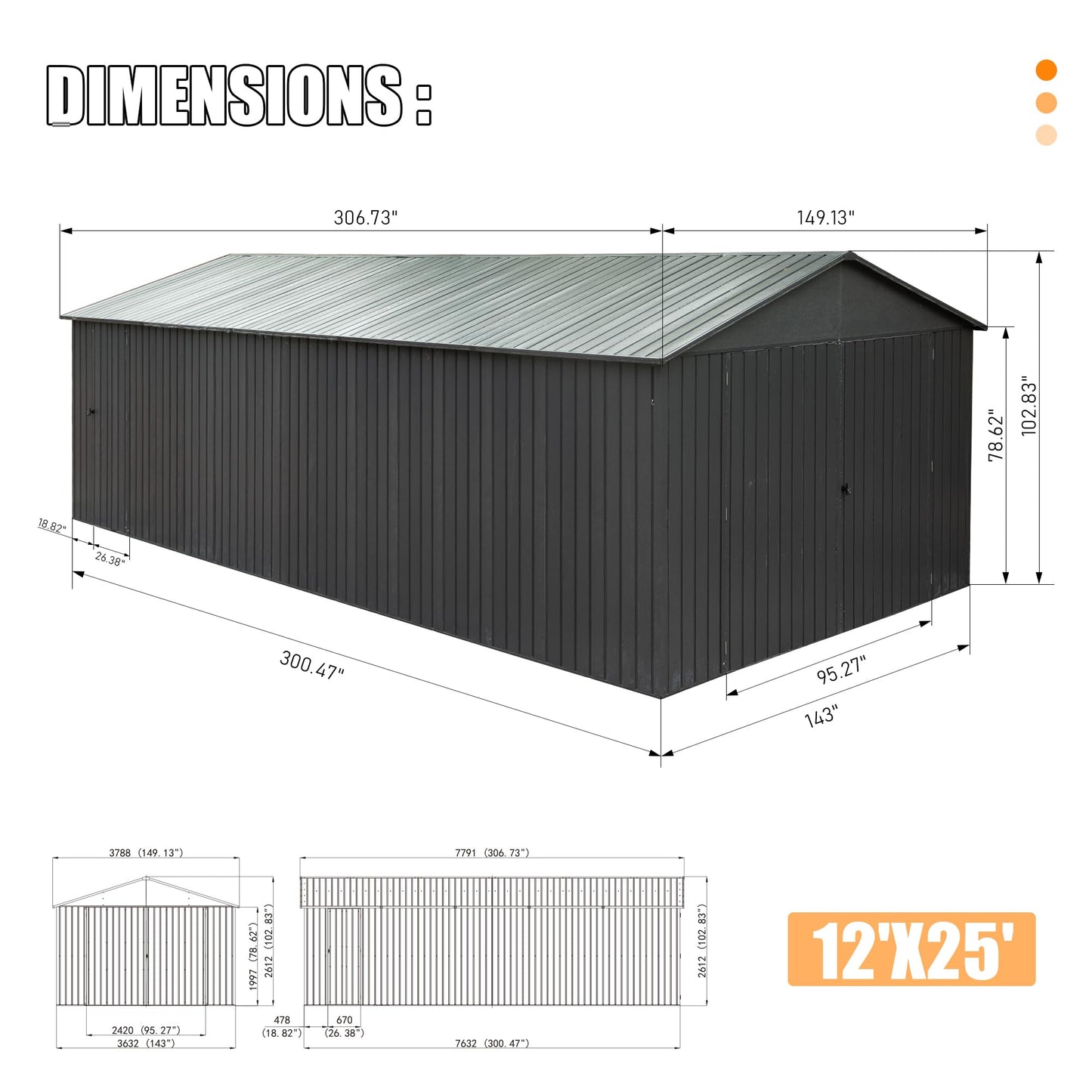 12x25 Outdoor Metal Garage Shed and Carport