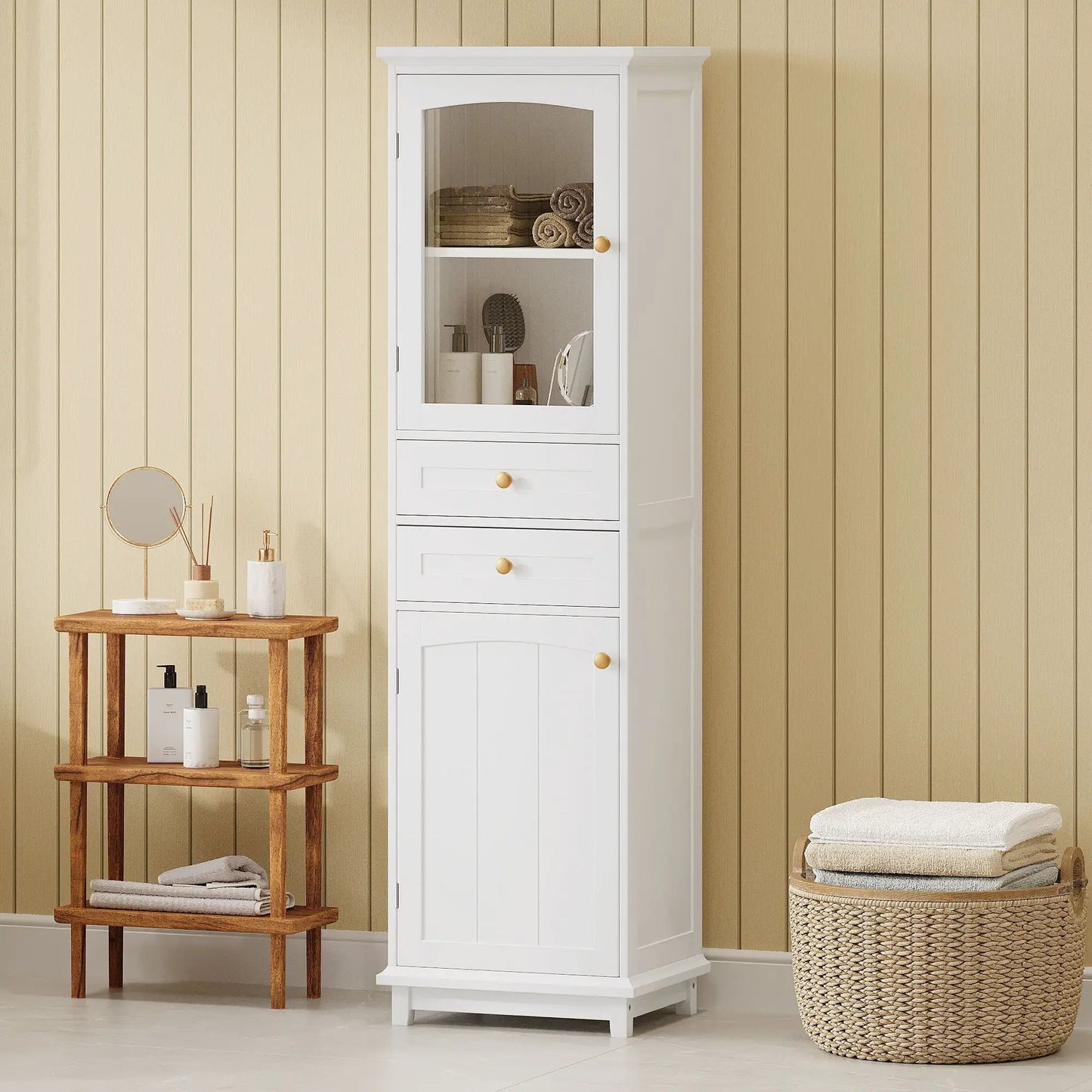 Tall Bathroom Storage Cabinet with Glass Doors