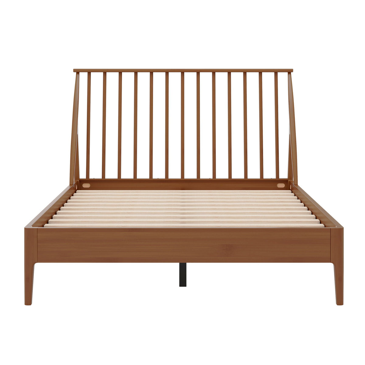 Bohemian platform bed with tall headboard in warm wood finish, slatted platform base on Tampa Home & Garden Store